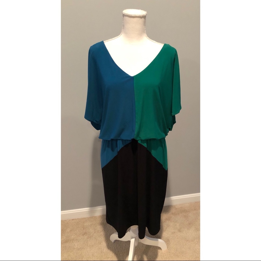 Blue, green and black V-neck dress - size L